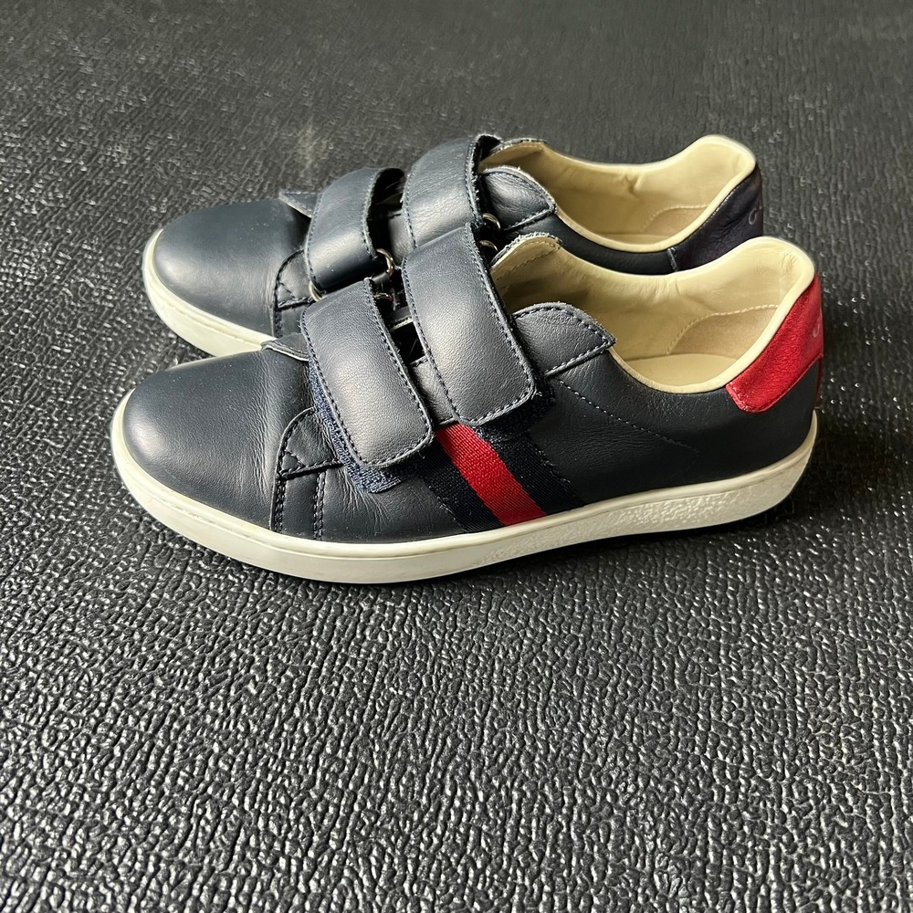 Gucci Kids Ace Navy Blue Leather Web Stripe Velcro Sneakers 455448 Size 31